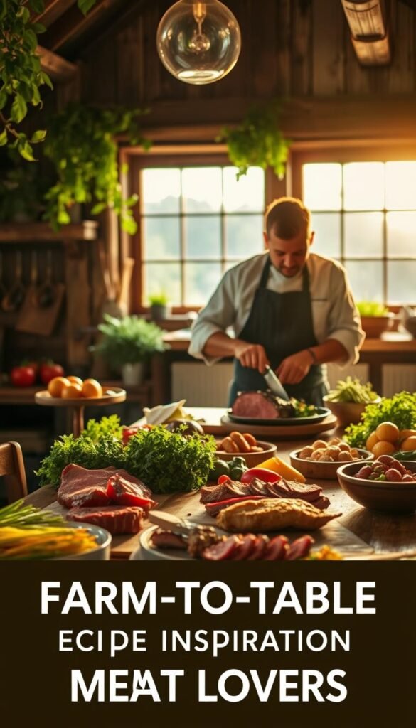 A rustic farmhouse kitchen, bathed in warm, golden lighting. On the wooden table, an array of farm-fresh ingredients - succulent meat cuts, seasonal produce, aromatic herbs. In the foreground, a chef expertly crafts a delectable dish, knife skillfully slicing through tender steak. Surrounding the scene, lush greenery and weathered barn wood, evoking a sense of pastoral tranquility. The overall mood is one of homespun elegance, celebrating the art of farm-to-table cooking. A visually captivating representation of the "Farm-to-Table Recipe Inspiration for Meat Lovers" section.