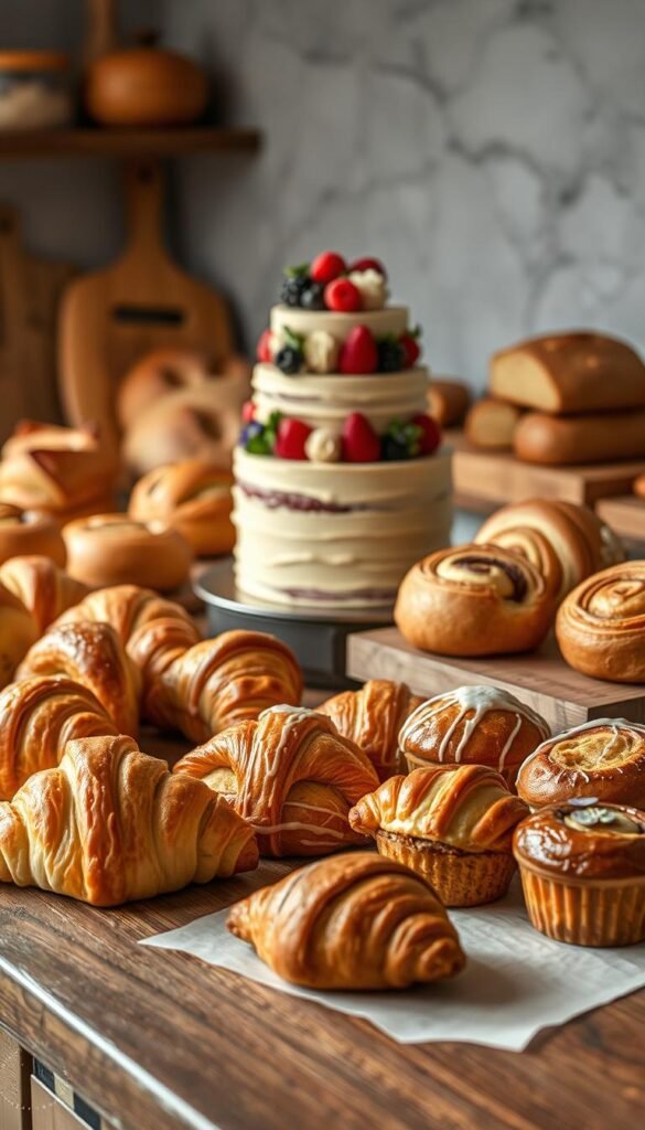 A rustic kitchen counter showcases a bountiful array of vegan baked goods. In the foreground, an assortment of flaky, golden pastries - vegan croissants, scones, and muffins - are artfully arranged, exuding a tantalizing aroma. The middle ground features a tiered cake, its layers frosted with a creamy, plant-based buttercream, adorned with fresh berries and edible flowers. In the background, a variety of breads - crusty sourdough, hearty whole grain loaves, and delicate, swirled cinnamon rolls - sit on a wooden cutting board, their crusts glistening with a light glaze. Soft, diffused lighting casts a warm, inviting glow, highlighting the inviting textures and colors of these irresistible vegan treats.
