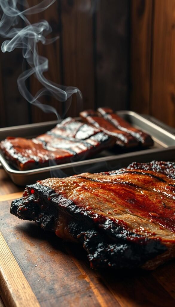 A rustic, smoky barbecue scene with a tantalizing array of slow-smoked meats glistening under warm lighting. In the foreground, a slab of glistening brisket rests on a weathered wooden cutting board, its exterior charred to perfection. Wisps of fragrant smoke curl upwards, hinting at the deep, complex flavors within. In the middle ground, a trio of juicy, fall-off-the-bone ribs are arranged on a distressed metal tray, their surfaces lightly caramelized. The background features a backdrop of weathered barn wood, casting a cozy, rustic ambiance over the scene. The overall mood is one of artisanal craftsmanship, where time-honored smoking techniques have yielded mouthwatering results.