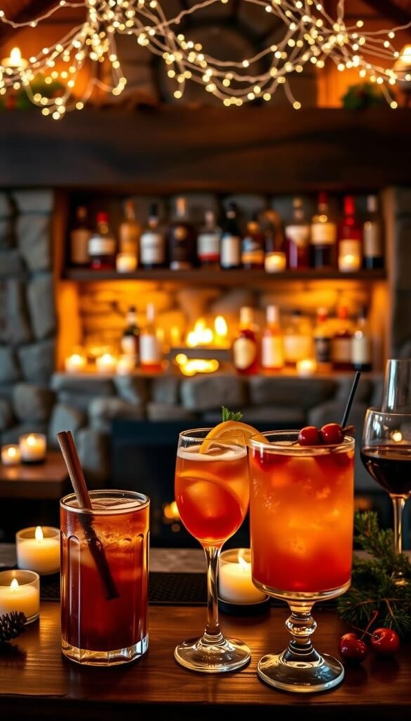 A rustic winter wedding bar, bathed in soft candlelight, showcases an array of signature cocktails. In the foreground, a selection of sophisticated drinks - a rich, creamy hot toddy, a sparkling cranberry mimosa, and a spiced mulled wine, their garnishes of cinnamon sticks, citrus slices, and glossy cherries adding pops of festive color. Behind, heavy wooden shelves display an assortment of premium spirits, their amber hues glowing against the backdrop of a stone fireplace, its crackling flames casting a warm, cozy glow. Overhead, delicate strands of twinkling fairy lights create a magical ambiance, transporting guests to a cozy, intimate celebration. A rustic winter wedding bar, bathed in soft candlelight, showcases an array of signature cocktails. In the foreground, a selection of sophisticated drinks - a rich, creamy hot toddy, a sparkling cranberry mimosa, and a spiced mulled wine, their garnishes of cinnamon sticks, citrus slices, and glossy cherries adding pops of festive color. Behind, heavy wooden shelves display an assortment of premium spirits, their amber hues glowing against the backdrop of a stone fireplace, its crackling flames casting a warm, cozy glow. Overhead, delicate strands of twinkling fairy lights create a magical ambiance, transporting guests to a cozy, intimate celebration.