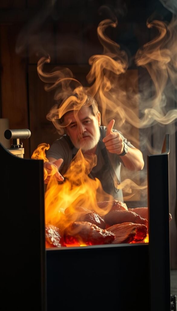 A rustic, wood-fired smoker sits in the foreground, its metal doors ajar, revealing the glistening meats within. Wisps of aromatic smoke curl up, illuminated by warm, diffused lighting that casts a golden glow over the scene. In the middle ground, a seasoned pitmaster tends to the fire, adjusting the dampers with a well-worn set of tongs, their face partially obscured by the billowing smoke. The background is a weathered wooden shed, its rough-hewn planks hinting at the time-honored traditions of this smoking process. The overall atmosphere is one of patient, artisanal craftsmanship, where the perfect balance of fire, smoke, and meat is painstakingly achieved.