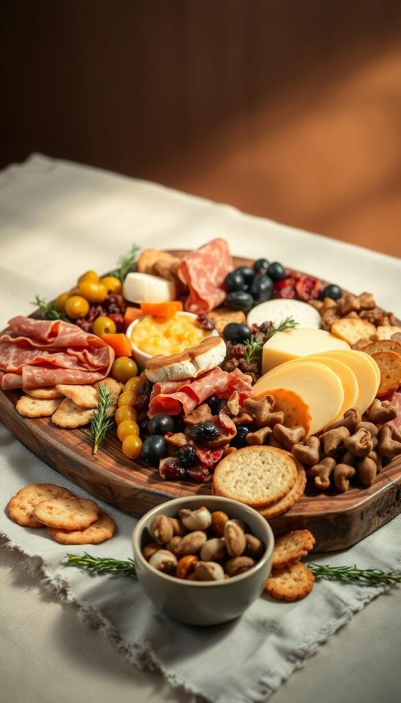A rustic wooden charcuterie board filled with an assortment of budget-friendly meats, cheeses, olives, and dried fruits, artfully arranged against a neutral background. Soft, warm lighting casts a cozy glow, highlighting the natural textures and colors. The board is set on a simple linen cloth, creating an elegant yet approachable presentation. In the foreground, a small bowl of toasted nuts and a handful of crackers add texture and variety. A few sprigs of fresh herbs, such as rosemary or thyme, are scattered throughout, lending a touch of freshness. The overall atmosphere is one of relaxed sophistication, showcasing how a visually stunning charcuterie board can be achieved on a budget.