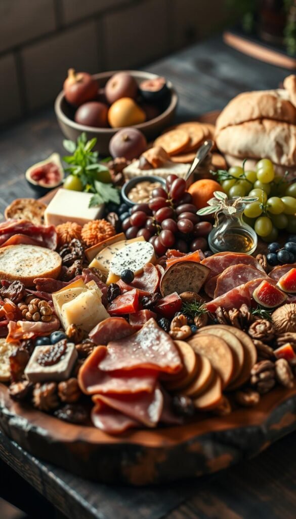 A rustic wooden charcuterie board overflows with an artful display of local delicacies. In the foreground, various cured meats, artisanal cheeses, and handcrafted condiments are arranged with care, their textures and colors complementing each other. In the middle ground, a selection of crusty breads, dried fruits, and roasted nuts add depth and contrast. The background features a complementary array of seasonal produce, such as fresh figs, grapes, and sprigs of fragrant herbs. The scene is bathed in soft, warm lighting, creating an inviting and sophisticated atmosphere, perfect for an unforgettable cocktail party.