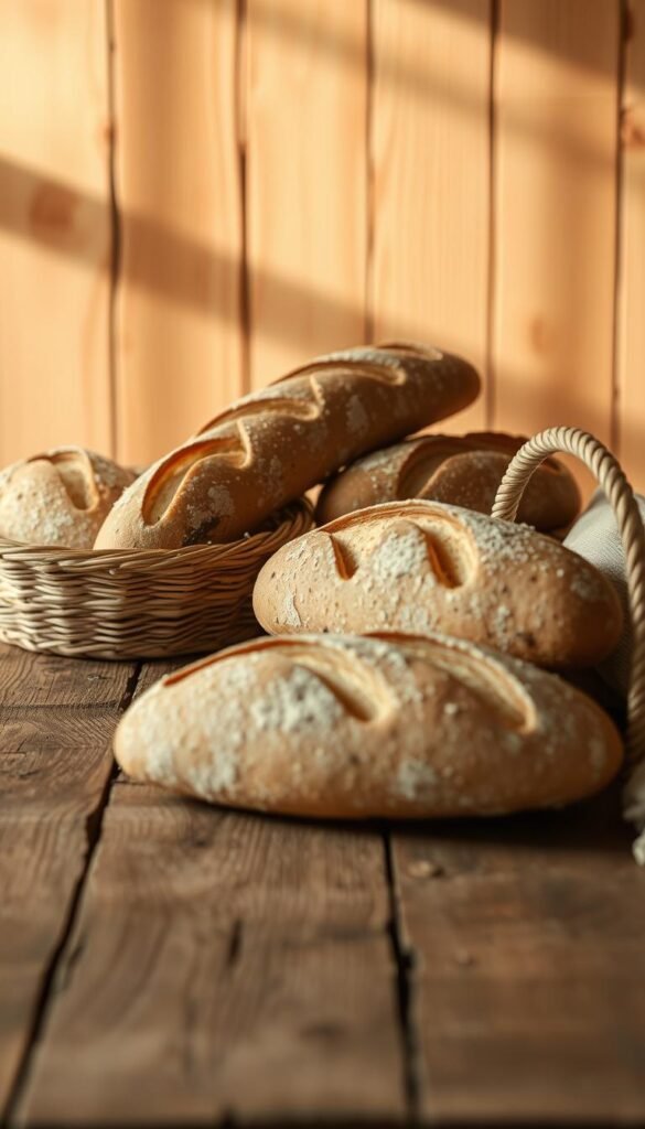 A rustic, wooden table against a warm, natural backdrop. On the table, a neatly arranged display of freshly baked artisan loaves, their crusts glistening with a light sheen. A woven basket sits nearby, inviting the viewer to reach in and savor the aroma of the bread. Soft, directional lighting casts gentle shadows, highlighting the organic textures and hues of the scene. The overall atmosphere is one of simple elegance, showcasing the beauty and craftsmanship of these handmade breads in a serene, inviting setting.