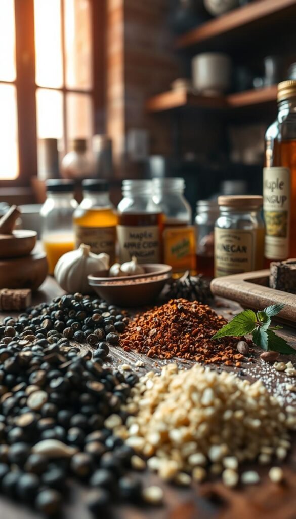 A rustic wooden table is adorned with an array of aromatic spices, herbs, and seasonings. In the foreground, a collection of freshly ground peppercorns, crushed garlic, and smoked paprika create a earthy palette. In the middle ground, jars of honey, maple syrup, and apple cider vinegar stand ready to add depth and complexity to the flavors. In the background, a hazy light filters through the window, casting a warm glow over the scene, evoking the cozy atmosphere of a well-equipped kitchen. The image conveys the artisanal craftsmanship and attention to detail required to create truly exceptional smoked meats.