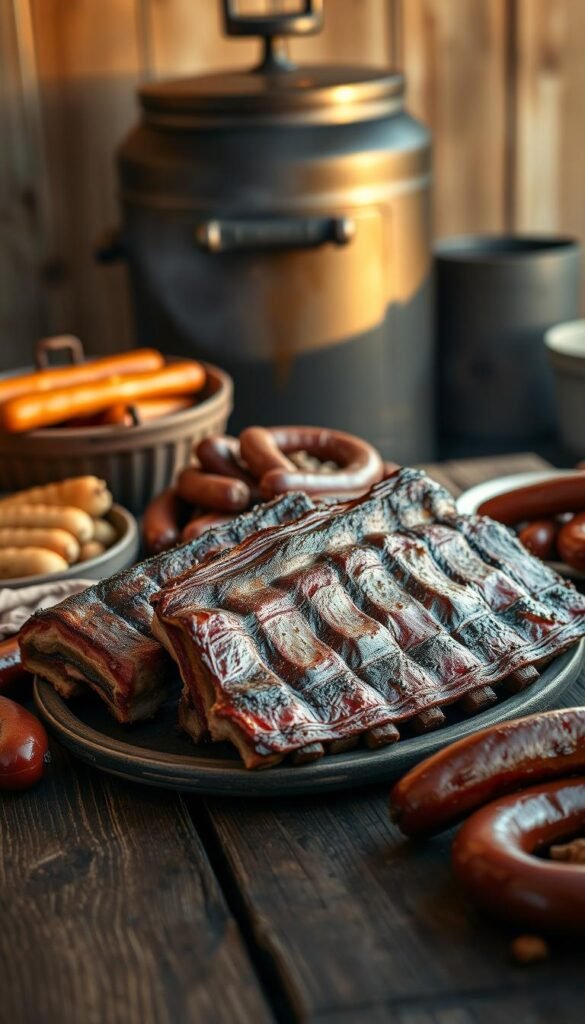 A rustic wooden table, its surface worn and weathered, serves as the stage for a bountiful display of budget-friendly smoked meats. The centerpiece, a platter of tender, hickory-kissed pork ribs, glistens with a rich, mahogany-colored bark. Surrounding it, an assortment of smoky sausages, each one a testament to the art of affordable, homemade charcuterie. In the background, a vintage cast-iron smoker stands as a testament to the timeless techniques of meat preservation, its metal surfaces hinting at the flavorful journey these cuts have undertaken. The scene is bathed in a warm, golden light, evoking the cozy ambiance of a backyard barbecue, where quality and thrift go hand in hand.