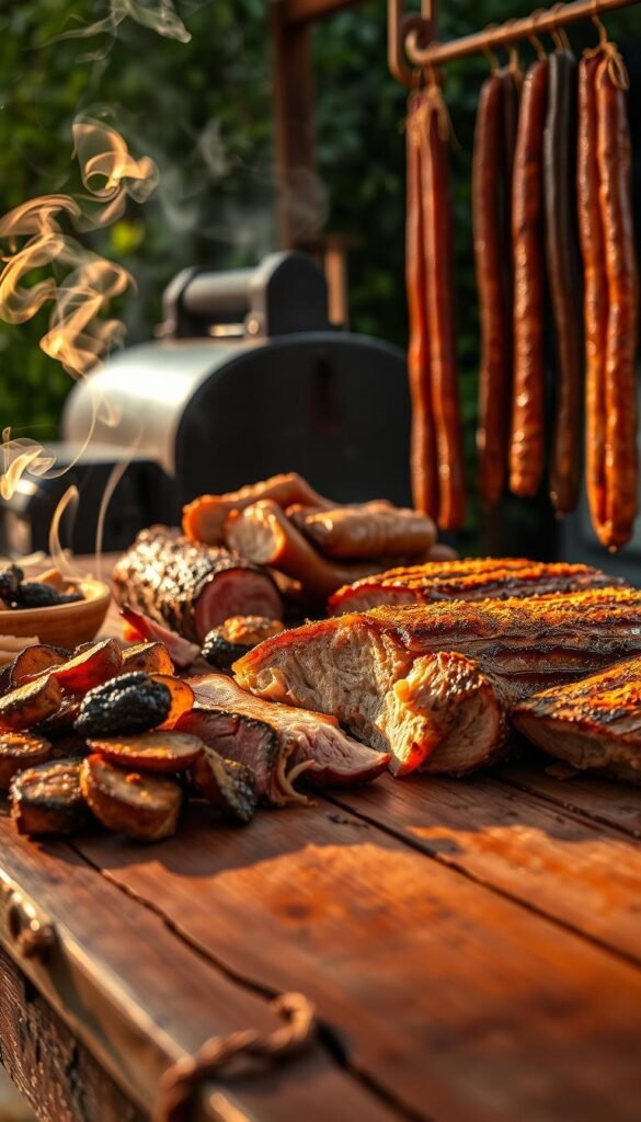 A rustic wooden table, its worn surface illuminated by warm golden lighting, showcases an array of smoked meats. In the foreground, thin wisps of aromatic smoke curl upwards, hinting at the slow and meticulous process that has transformed these cuts into savory delights. The middle ground features various smoking techniques, from a charcoal-fired smoker with gently smoldering chips, to a vertical rack of hanging sausages, each infused with unique flavors. The background hints at a lush, verdant outdoor setting, creating a sense of tranquility and connection to the natural world. The overall composition conveys the artistry and craft behind the creation of these smoked meat masterpieces, inviting the viewer to imagine the satisfying textures and flavors.