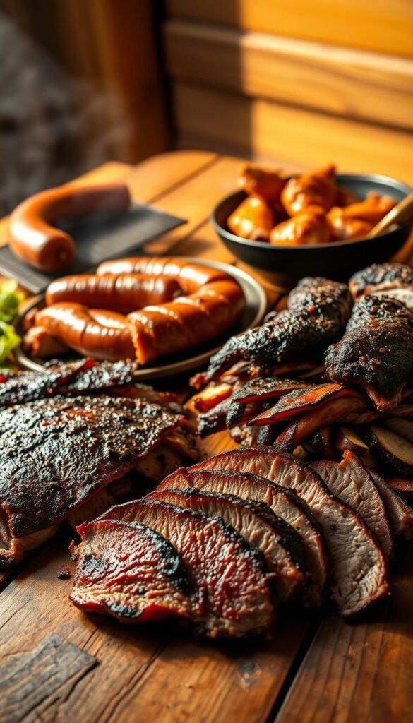A rustic wooden table laden with an array of innovative smoked meat dishes. In the foreground, sliced brisket glistens with a perfect bark, complemented by juicy pulled pork piled high. In the middle ground, a smokehouse-style sausage sizzles on a cast-iron grill, its aroma wafting through the air. The background features a selection of smoked chicken thighs, their crispy skin caramelized to perfection. Warm lighting casts a golden glow, evoking the ambiance of a cozy backyard barbecue. The overall scene exudes a sense of culinary mastery and the mouthwatering allure of expertly crafted smoked meat masterpieces.