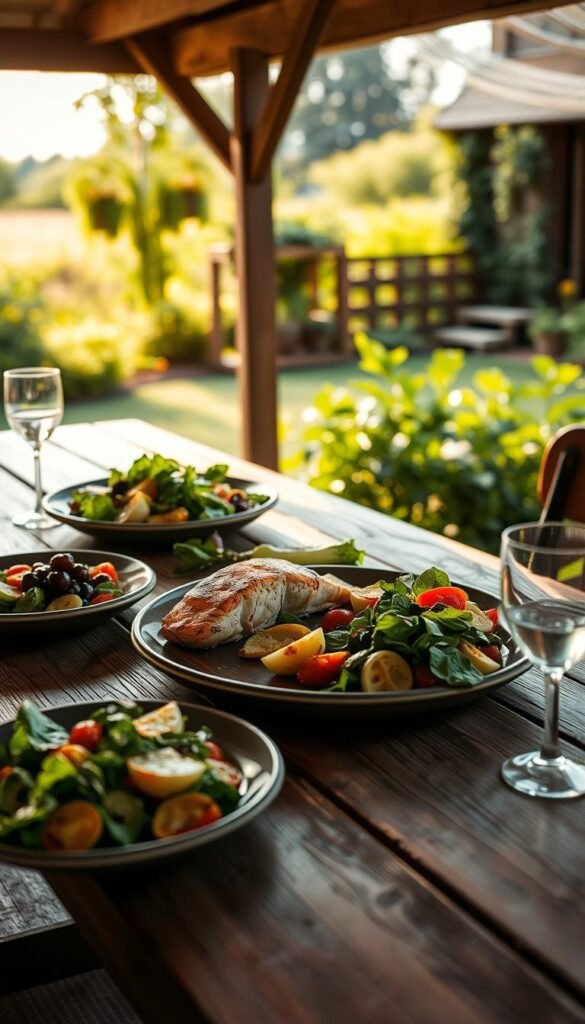 A rustic wooden table set with a simple yet elegant low-carb wedding menu featuring grilled salmon, roasted vegetables, and a fresh salad. Soft natural lighting casts a warm glow, highlighting the mouthwatering dishes. In the background, a lush garden with verdant foliage and the faint silhouette of a charming country-style wedding venue. The scene conveys an atmosphere of wholesome, budget-friendly sophistication, perfectly suited for a health-conscious celebration.