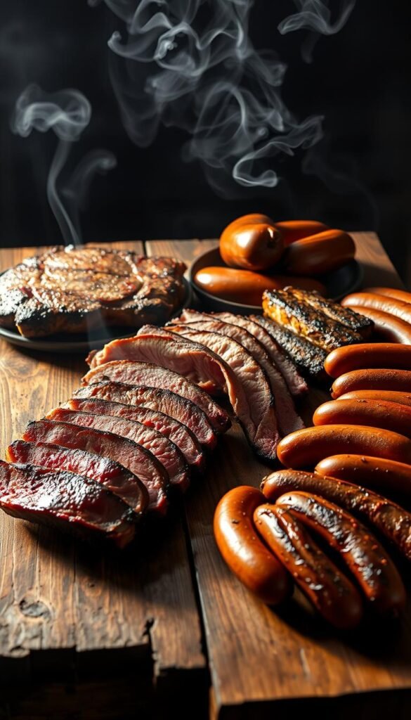 A rustic wooden table set with an assortment of smoked meats, including juicy brisket, tender pork ribs, and savory sausages. The meats are arranged in a visually appealing manner, casting warm, natural shadows across the weathered tabletop. Mouthwatering smoke wisps gently drift upward, hinting at the rich, complex flavors within. Subtle backlighting illuminates the scene, creating a cozy, inviting atmosphere reminiscent of a backyard barbecue. The overall composition evokes a sense of rustic sophistication, perfectly capturing the essence of "Smoked Meat Masterpieces for a Rustic BBQ Feast."