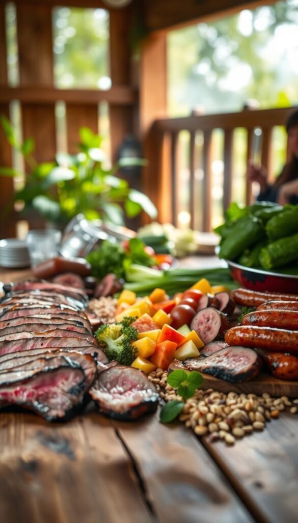A rustic wooden table showcases a mouthwatering array of smoked meats, bathed in natural light and complemented by a backdrop of lush greenery. In the foreground, tender slices of lean brisket, juicy pork ribs, and savory sausages glisten with a light smoke haze. The middle ground features an assortment of healthy accompaniments, such as crisp vegetables, vibrant fruits, and hearty whole grains, creating a balanced and nutritious display. The image is captured with a shallow depth of field, emphasizing the textures and colors of the smoked meats, while the overall atmosphere evokes a sense of warmth, authenticity, and a celebration of wholesome, artisanal fare.