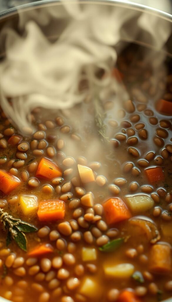 A savory and nourishing lentil soup simmering in a large pot, filled with tender lentils, diced carrots, celery, and onions. The soup has a rich, earthy aroma, with hints of garlic and fragrant herbs like thyme and bay leaves. A warm, inviting steam rises from the pot, creating an enticing scene. The lighting is soft and natural, casting a cozy glow over the scene. The camera angle is slightly elevated, allowing the viewer to see the full depth and texture of the soup. The overall mood is comforting and appetizing, perfectly capturing the essence of a hearty, homemade lentil soup.