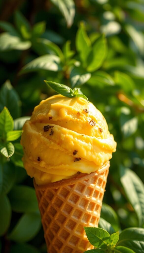 A scoop of luscious mango-infused dairy-free ice cream, flecked with aromatic basil leaves, sits atop a waffle cone. The creamy, golden-hued treat is illuminated by soft, warm lighting, casting gentle shadows that accentuate its smooth, velvety texture. The ice cream is presented against a backdrop of vibrant, verdant foliage, evoking a sense of lush, natural freshness. The overall scene conveys a refreshing, summery atmosphere, inviting the viewer to indulge in this delightful, plant-based dessert.