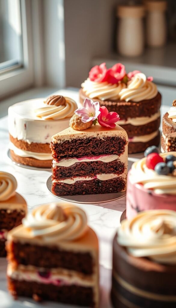 A scrumptious display of decadent vegan cakes, elegantly arranged on a marble countertop. The cakes feature rich, moist textures and vibrant, natural hues - from deep chocolate to lush berry tones. Swirls of creamy, dairy-free frosting and delicate floral garnishes adorn the layers, creating a visually stunning and irresistible dessert. Soft, natural lighting casts a warm glow, accentuating the cakes' alluring sheen. The scene evokes a sense of indulgence and culinary artistry, inviting the viewer to savor each tempting morsel.
