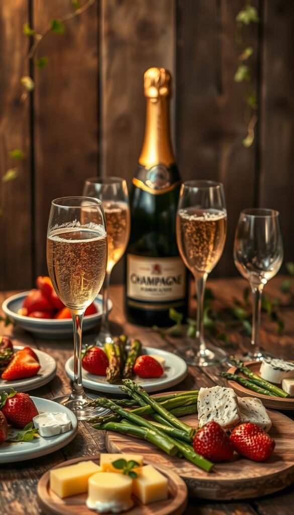 A seasonal champagne pairing displayed on a rustic wooden table, with golden bubbles gently swirling in delicate flutes. In the foreground, a variety of small plates showcasing vibrant, fresh ingredients - juicy strawberries, crisp asparagus spears, and artisanal cheeses. The middle ground features a bottle of premium champagne, its label glimmering in the soft, warm lighting. Trailing vines and sprigs of greenery add a touch of natural elegance, while the background evokes a cozy, intimate atmosphere, perfect for a bubbly celebration.