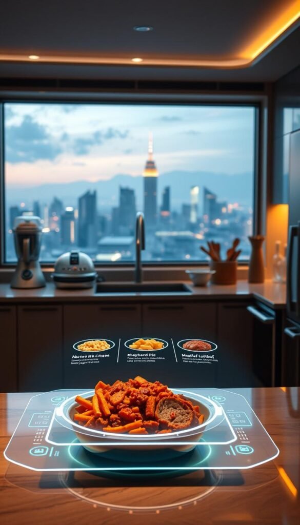 A serene, future kitchen scene where comfort foods are reimagined with advanced cooking technologies. In the foreground, a futuristic, holographic display shows recipes for elevated takes on classics like mac and cheese, shepherd's pie, and meatloaf. In the middle ground, sleek, automated appliances blend, chop, and sauté ingredients, while the background features a panoramic window showcasing a utopian, high-tech cityscape. Warm, ambient lighting casts a cozy glow, and the overall atmosphere evokes a sense of culinary innovation and cutting-edge convenience. A serene, future kitchen scene where comfort foods are reimagined with advanced cooking technologies. In the foreground, a futuristic, holographic display shows recipes for elevated takes on classics like mac and cheese, shepherd's pie, and meatloaf. In the middle ground, sleek, automated appliances blend, chop, and sauté ingredients, while the background features a panoramic window showcasing a utopian, high-tech cityscape. Warm, ambient lighting casts a cozy glow, and the overall atmosphere evokes a sense of culinary innovation and cutting-edge convenience.