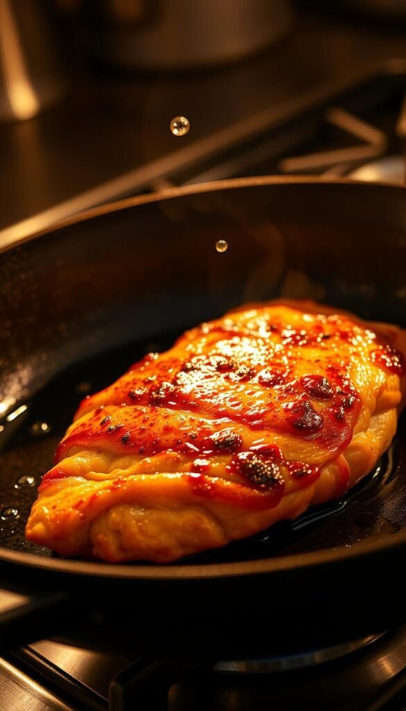 A sizzling, golden-brown chicken breast searing in a cast-iron skillet, with droplets of hot oil splattering against the pan's surface. The chicken's skin is crisp and glistening, with a mouthwatering aroma of caramelized flavor. The pan is situated on a stovetop, with warm, directional lighting illuminating the scene from the side, casting dramatic shadows and highlights. The background is blurred, focusing the viewer's attention solely on the exquisite cooking process unfolding before them. The overall atmosphere is one of culinary mastery, enticing the senses and inviting the viewer to imagine the delicious, tender chicken waiting to be finished and served.