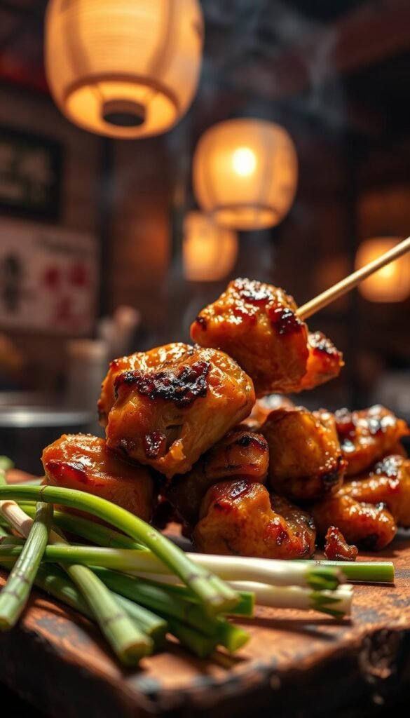 A skewer of juicy grilled chicken yakitori, the meat glistening in the warm lighting. Beside it, a bundle of fragrant scallions, their green stems charred from the flames. The yakitori is arranged on a rustic wooden board, against a backdrop of a dimly lit izakaya-style setting, with a hint of traditional Japanese lanterns casting a soft glow. The overall scene evokes the comforting and flavorful experience of an authentic Japanese night out.