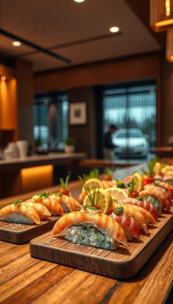 A sleek and modern sushi bar setting, bathed in warm ambient lighting. A selection of expertly crafted sushi and sashimi artfully arranged on a polished wooden counter, garnished with delicate slices of lemon, sprigs of green onion, and a scattering of sesame seeds. In the background, a minimalist Japanese-inspired interior with clean lines, subtle textures, and a calming color palette. The scene conveys a sense of elegant simplicity, inviting the viewer to savor the fresh, high-quality ingredients and the artistry of the sushi preparation. Captured with a shallow depth of field, the focus draws the eye to the delectable sushi offerings, highlighting their vibrant colors and precise presentation.