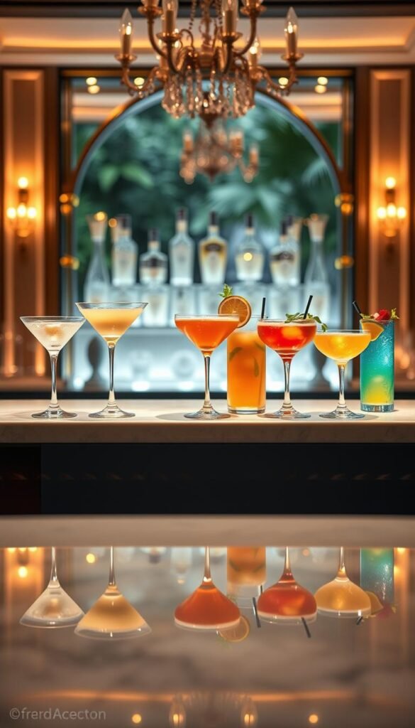 A sleek, elegantly-styled bar counter takes center stage, its surface adorned with an assortment of exquisite cocktails. Each drink is thoughtfully curated to capture the essence of a distinct event theme - from a sophisticated martini for a black-tie gala to a vibrant, tropical-inspired concoction for a summer garden party. Soft, warm lighting casts a inviting glow, while the background subtly hints at the surrounding decor and ambiance, perfectly complementing the carefully crafted cocktails. The composition emphasizes the harmonious pairing of drinks and atmosphere, inspiring guests to indulge in a memorable, one-of-a-kind reception experience.