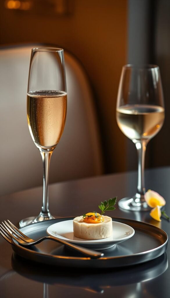 A sleek, modern table setting showcases a champagne flute, a small plate with a canapé, and a few champagne-paired garnishes. The scene is bathed in soft, warm lighting that gently illuminates the crystal glassware and metallic accents. The composition is balanced, with the flute and plate taking center stage, surrounded by complementary elements like a sprig of fresh herbs, a lemon twist, and perhaps a single, elegant edible flower. The overall mood is one of refined sophistication, inviting the viewer to explore the art of champagne pairings.