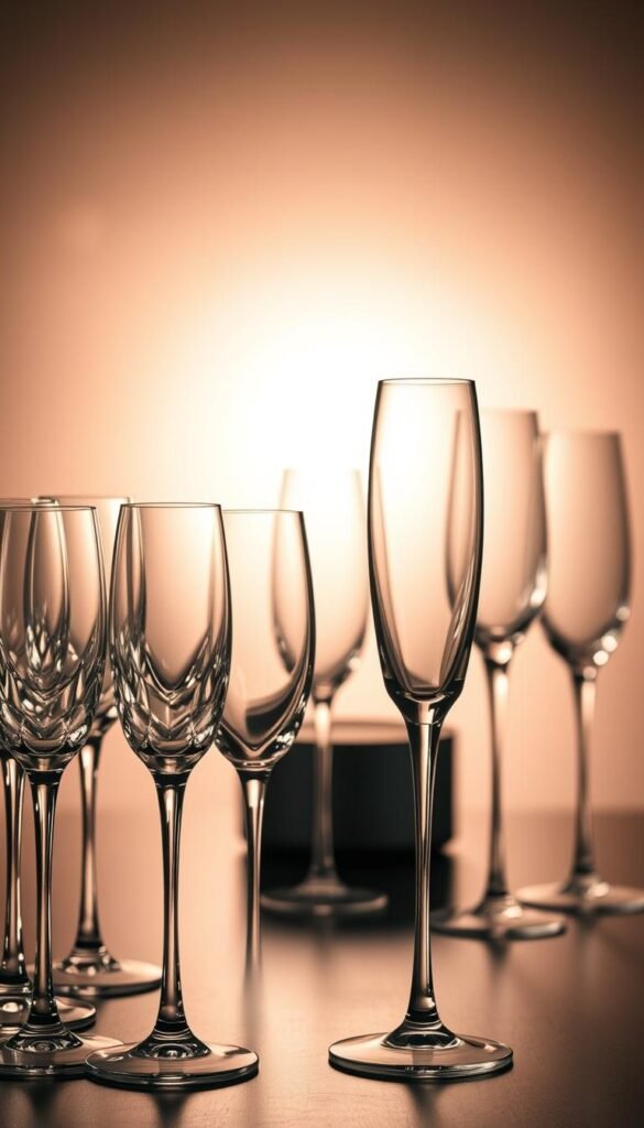 A sleek, sophisticated arrangement of champagne flutes against a soft, diffused background. In the foreground, an elegant cluster of tulip-shaped glasses with long, slender stems, their faceted bowls reflecting the gentle light. The middle ground features a variety of champagne glass styles, from the classic coupe to the modern, angular flute, each one showcasing the unique characteristics that enhance the visual and sensory experience of sipping champagne. The background blurs into a warm, ambient glow, creating a sense of refinement and luxury. Subtle shadows and highlights accentuate the intricate details and curvatures of the glassware, inviting the viewer to imagine the bubbles dancing within.