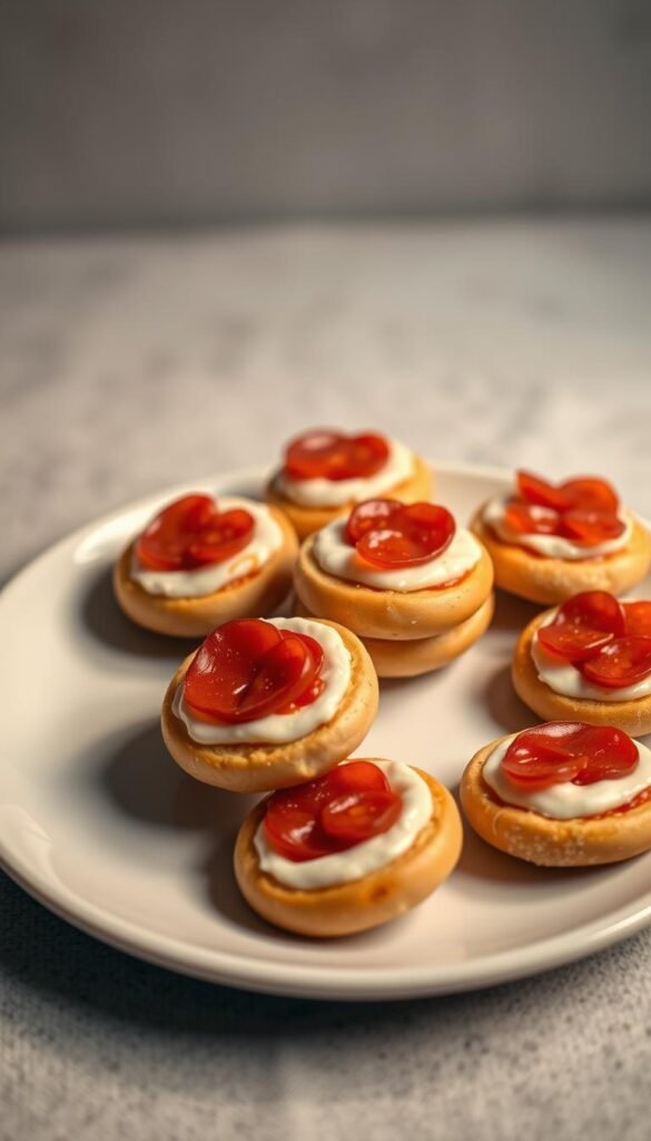 A small pile of mini bagel halves, each topped with a dollop of red tomato sauce, mozzarella cheese, and an assortment of miniature pepperoni slices. The bagels are arranged on a plain white ceramic plate, with a warm, soft lighting illuminating the scene from above, casting gentle shadows. The background is a soft, neutral gray, allowing the vibrant colors of the mini bagel pizzas to pop. The image has a cozy, inviting atmosphere, making the viewer want to reach in and grab one of the tasty-looking mini treats.