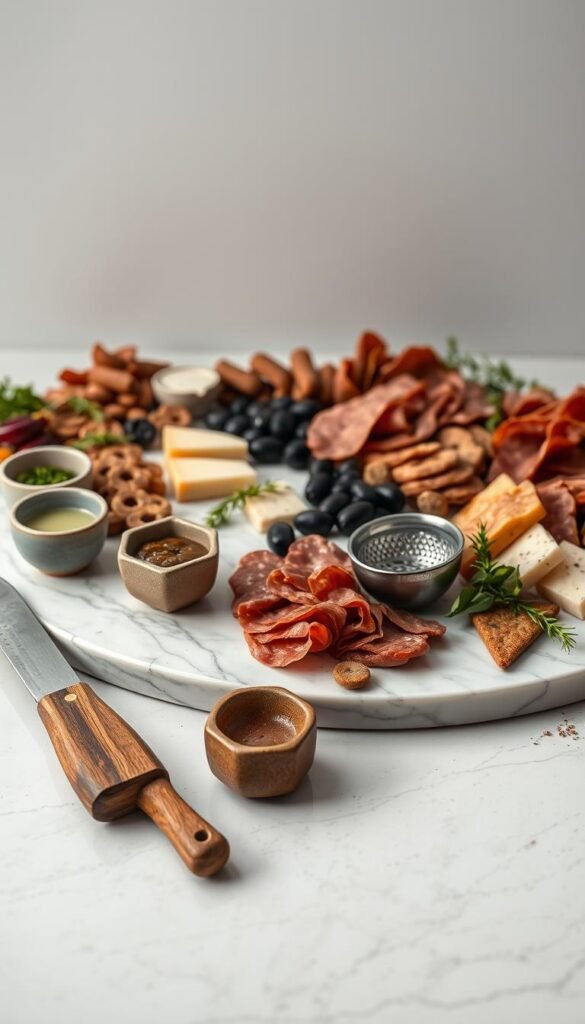 A sophisticated charcuterie board setup against a minimalist backdrop. In the foreground, an assortment of artisanal tools including a sleek wooden cheese knife, a set of small ceramic bowls for dips and garnishes, and a gleaming stainless steel cheese grater. In the middle ground, an elegant marble board with soft lighting accentuating the natural veining, surrounded by an array of cured meats, cheeses, olives, and fresh herbs. The background features a simple white wall, allowing the crafted details and rich textures of the setup to take center stage, conveying a sense of refined elegance perfect for an intimate cocktail party.