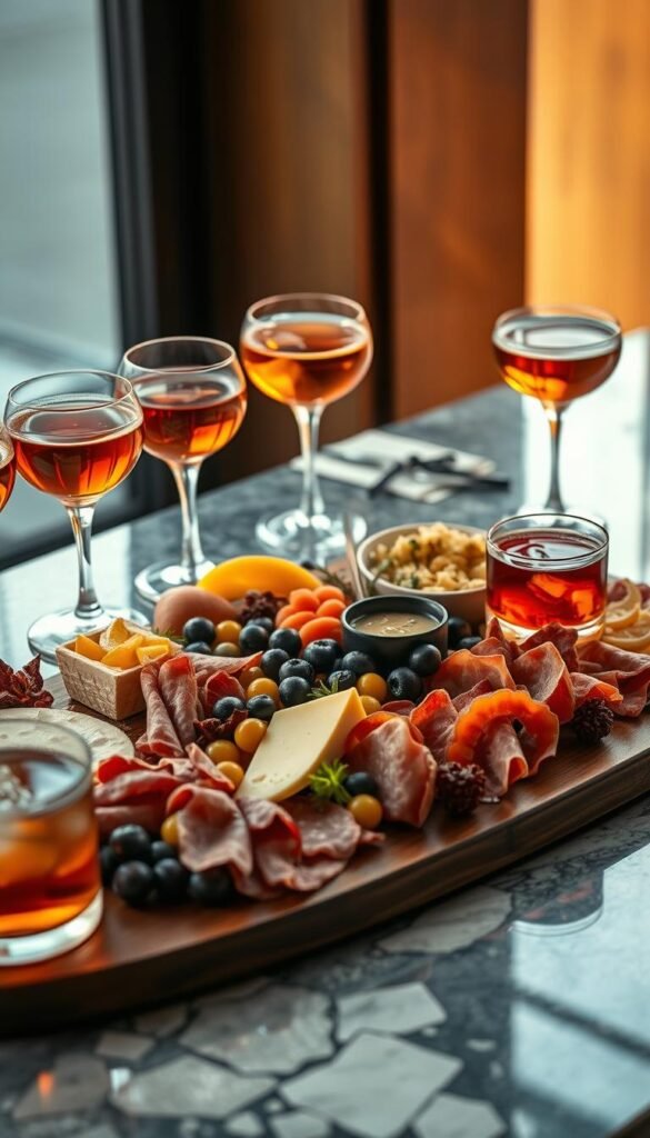 A sophisticated charcuterie board takes center stage, artfully arranged with cured meats, artisanal cheeses, pickled vegetables, and vibrant fruit accents. Surrounding it, a collection of elegant cocktails in crystal glassware catch the warm, soft lighting, their amber and jewel-toned hues reflecting off the polished wood and marble surfaces. The scene evokes a sense of luxury and indulgence, with a focus on the interplay of textures, flavors, and visual aesthetics. The overall mood is one of refined sophistication, inviting the viewer to imagine the perfect pairing of these gourmet delights with expertly crafted cocktails, creating an unforgettable dining experience.