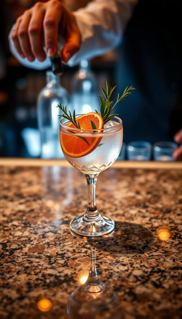 A sophisticated cocktail sits atop a polished granite countertop, the crystal glass catching the warm glow of soft lighting. Vibrant citrus wedges and fresh herbs artfully garnish the drink, hinting at its unique, personalized blend. The bartender's skilled hand is evident in the precise placement of each element, creating a visually striking and inviting presentation. The scene evokes a sense of intimate, elevated hospitality, ready to delight and impress guests at a one-of-a-kind reception.