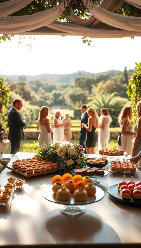 A sophisticated gluten-free wedding reception set in a sun-drenched garden oasis. In the foreground, an elegant table is laid with a variety of alluring gluten-free hors d'oeuvres, from savory canapes to sweet macarons. The middle ground features guests mingling and enjoying the feast, their faces aglow with delight. In the background, a lush, verdant landscape frames the scene, creating a serene and inviting atmosphere. Warm, natural lighting filters through the trees, casting a soft, golden glow over the entire setting. The overall mood is one of joyful, inclusive celebration, where all guests can indulge in delicious, celiac-friendly fare.