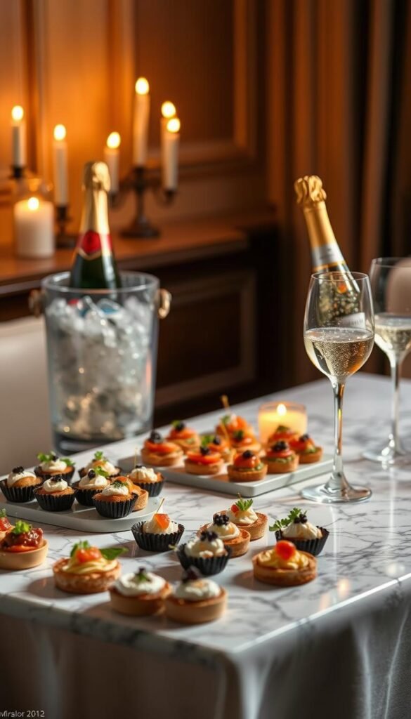 A sophisticated spread of gourmet appetizers artfully arranged on a marble tabletop, bathed in the soft, warm glow of candlelight. A bottle of champagne in an elegant ice bucket stands nearby, its bubbles dancing as if in anticipation. The scene exudes an air of refined elegance, inviting guests to indulge in a refined pairing of light, refreshing bites and the crisp, effervescent notes of the sparkling wine. A classic linen tablecloth and delicate stemware complete the tableau, creating a serene and inviting atmosphere perfect for a celebratory toast.