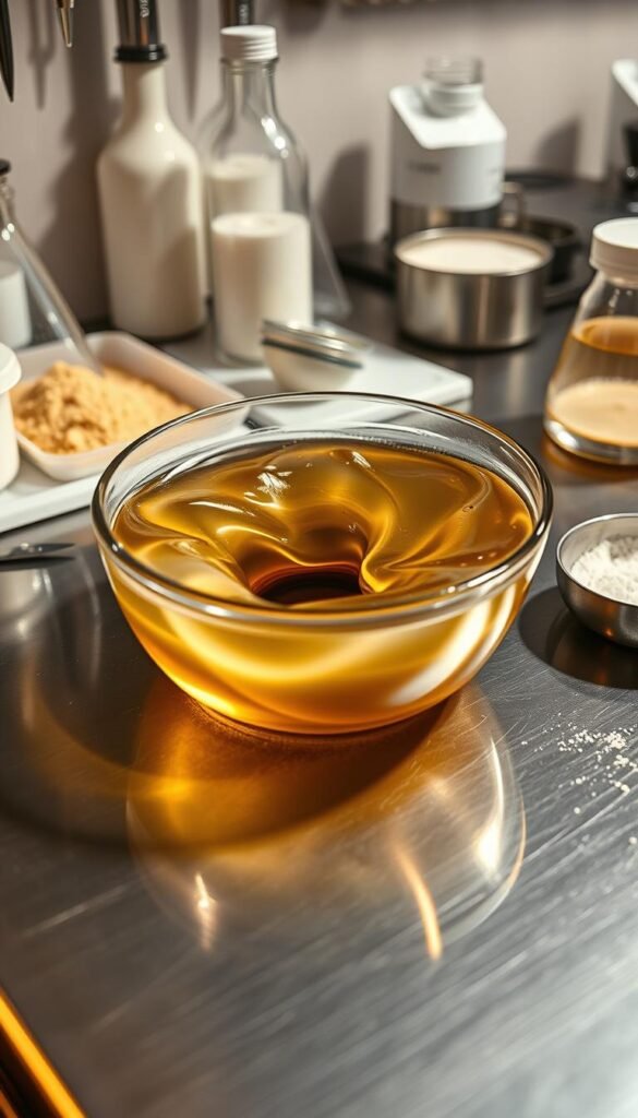 A stainless steel kitchen counter top with a clear glass bowl filled with a translucent, gelatinous liquid. The liquid gently jiggles and undulates, reflecting the warm, soft lighting above. Surrounding the bowl are various kitchen tools and ingredients used in molecular gastronomy, such as pipettes, beakers, and powders. The scene has a sense of scientific experimentation and culinary innovation, inviting the viewer to imagine the potential of transforming everyday liquids into unique, solid textures. The image conveys the wonder and possibilities of the gelification process in avant-garde cooking.