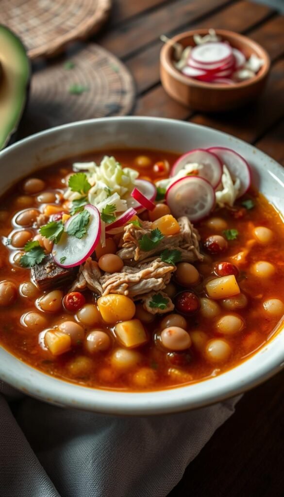 A steaming bowl of hearty pinto posole, a traditional Mexican stew, with a vibrant medley of ingredients. In the foreground, tender pinto beans, hominy, and shredded pork or chicken swimming in a rich, aromatic broth seasoned with chili peppers, garlic, onions, and fragrant spices. In the middle ground, fresh garnishes like diced avocado, shredded cabbage, radish slices, and a sprinkling of chopped cilantro add texture and vibrant color. The background features a rustic wooden table, perhaps with a woven placemat or simple tableware, creating a cozy, homemade atmosphere. Soft, natural lighting illuminates the scene, highlighting the inviting warmth and comfort of this nourishing dish.