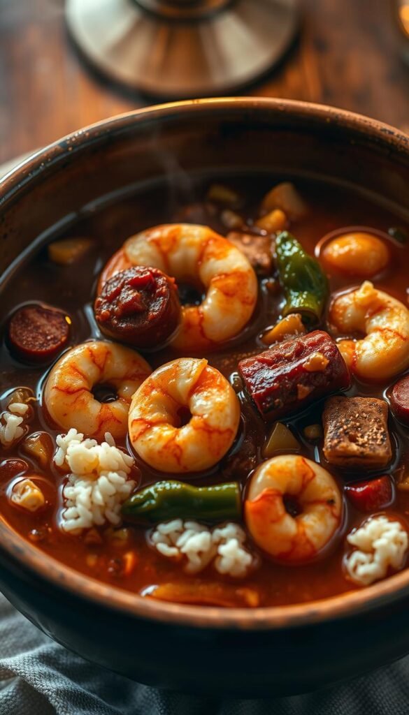 A steaming bowl of traditional Cajun gumbo, brimming with succulent shrimp, tender chicken, and smoky andouille sausage. The rich, mahogany-colored broth is thickened to a luxurious consistency, infused with the earthy aromas of roasted bell peppers, onions, and celery. Flecks of green okra and fragrant file powder add depth and complexity to the dish. Fluffy white rice serves as the perfect canvas, soaking up the complex flavors. The scene is lit by warm, golden overhead lighting, casting a cozy, inviting glow over the rustic, ceramic bowl. The composition captures the essence of comforting, Southern-style cuisine, ready to be savored on a chilly evening.