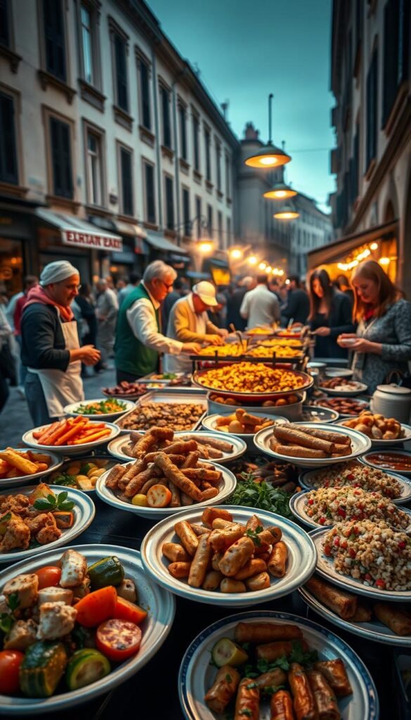 A street food market in a charming European city, bustling with life and flavors. In the foreground, small plates overflowing with vibrant regional specialties - roasted vegetables drizzled with olive oil, crisp fried calamari, freshly grilled sausages, and zesty tabouleh salads. Middle-ground, vendors in traditional attire skillfully prepare and assemble the dishes, while customers eagerly await their turn. In the background, historic buildings and cobblestone streets set the atmospheric scene, bathed in warm, golden light that casts a cozy glow over the entire tableau. The aroma of spices and sizzling meats wafts through the air, inviting the senses to indulge in the delectable delights of European street food culture.
