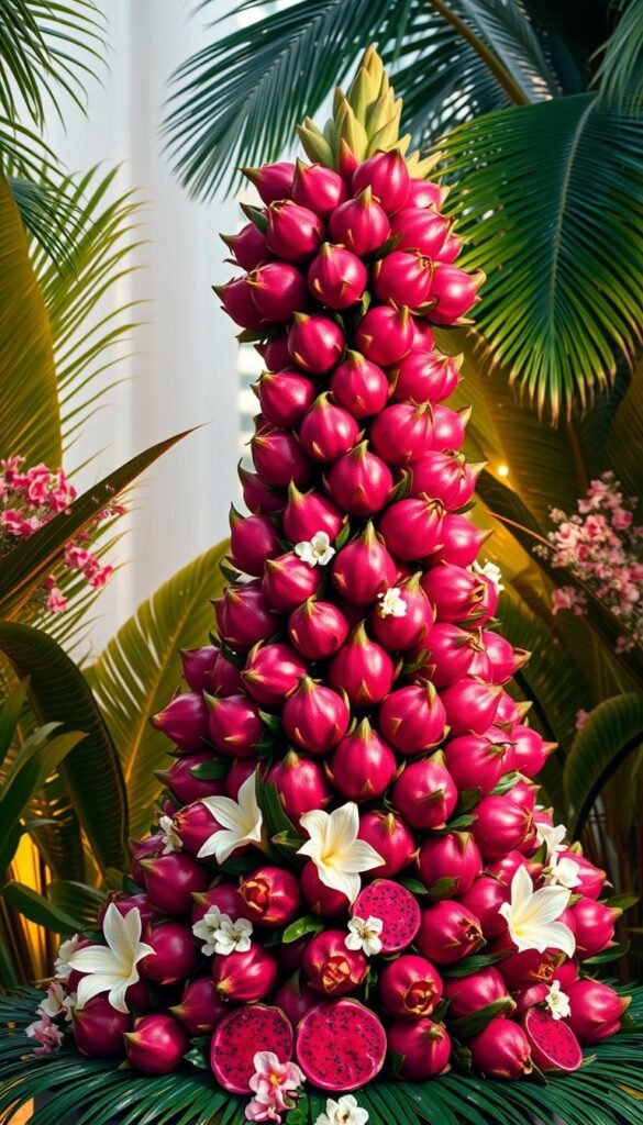 A stunning dragon fruit wedding display, adorned with vibrant fuchsia-hued fruits arranged in a cascading floral-inspired composition. The centerpiece is a towering tiered structure, its tiers overflowing with plump, ripe dragon fruits, their scales glistening under warm spotlights. Lush tropical greenery, such as monstera leaves and palm fronds, frame the display, creating a lush and verdant backdrop. Delicate floral accents, in shades of pink and white, are interspersed throughout, adding a touch of elegance. The overall scene evokes a sense of opulence and sophistication, perfectly suited for a destination wedding in a tropical paradise.
