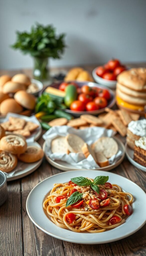 A stylish and appetizing arrangement of various gluten-free dishes on a rustic wooden table. In the foreground, a beautifully presented plate showcases a hearty gluten-free pasta dish with fresh tomatoes, basil, and a creamy sauce. Surrounding it are an assortment of baked goods, including fluffy gluten-free rolls, savory crackers, and a tempting gluten-free cake, all arranged with care. The mid-ground features a selection of fresh produce, such as vibrant vegetables and fruits, complementing the culinary offerings. The background is softly blurred, highlighting the clean, natural lighting and a serene, welcoming atmosphere, perfect for an inclusive celebration.