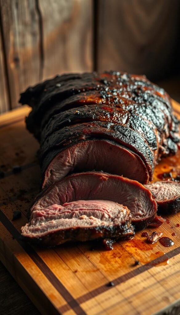 A succulent slab of smoked brisket resting on a rustic wooden cutting board, glistening with a deep, caramelized bark and infused with the smoky aroma of hickory. Sliced into thick, tender slices, the brisket showcases a stunning pink smoke ring and a juicy, melt-in-your-mouth texture. Framed by a simple, earthy background featuring weathered barn wood paneling, the image evokes a sense of rustic elegance and the bold, primal flavors of a backyard BBQ feast. Soft, directional lighting casts dramatic shadows, highlighting the intricate grain patterns and the glistening fat cap of the expertly prepared brisket.