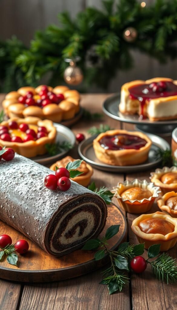 A sumptuous display of holiday vegan desserts, elegantly arranged on a rustic wooden table. In the foreground, a decadent chocolate yule log with a dusting of powdered sugar, garnished with fresh cranberries and sprigs of holly. Beside it, a delicate vegan cheesecake with a berry compote topping, casting a warm glow under soft, diffused lighting. In the middle ground, a tray of flaky, golden-brown vegan apple tarts, their cinnamon-spiced aroma wafting through the air. In the background, a lush evergreen garland winds its way around the table, creating a cozy, festive atmosphere. The scene is captured with a wide-angle lens, emphasizing the abundance and variety of these delectable, plant-based holiday treats.