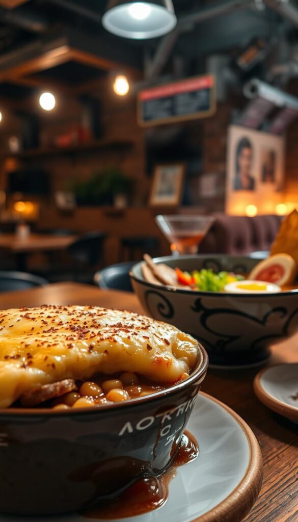 A sumptuous fusion of comforting classics, blending vibrant flavors and textures. In the foreground, a hearty shepherd's pie with a creamy, cheesy mashed potato topping, infused with aromatic spices. In the middle ground, a steaming bowl of ramen noodles, swimming in a rich, savory broth and topped with tender slices of pork belly, soft-boiled egg, and fresh, crisp vegetables. In the background, a cozy, dimly lit restaurant setting, with warm, inviting lighting and rustic, industrial-chic decor. The overall atmosphere is one of indulgence and comfort, inviting the viewer to savor each bite and sip of this elevated, globally-inspired culinary creation. A sumptuous fusion of comforting classics, blending vibrant flavors and textures. In the foreground, a hearty shepherd's pie with a creamy, cheesy mashed potato topping, infused with aromatic spices. In the middle ground, a steaming bowl of ramen noodles, swimming in a rich, savory broth and topped with tender slices of pork belly, soft-boiled egg, and fresh, crisp vegetables. In the background, a cozy, dimly lit restaurant setting, with warm, inviting lighting and rustic, industrial-chic decor. The overall atmosphere is one of indulgence and comfort, inviting the viewer to savor each bite and sip of this elevated, globally-inspired culinary creation.