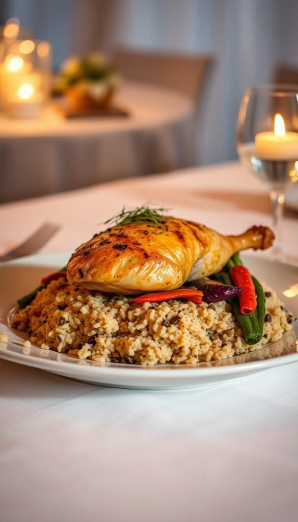 A sumptuous gluten-free main course for a wedding reception, featuring a succulent roasted chicken breast nestled atop a bed of fluffy quinoa, garnished with vibrant sautéed vegetables and a drizzle of herb-infused olive oil. The plate is elegantly presented on a crisp white tablecloth, illuminated by soft, warm lighting that creates a cozy, intimate atmosphere. The overall composition conveys a sense of culinary elegance and thoughtfulness, perfectly suited for a memorable celiac-friendly wedding celebration.