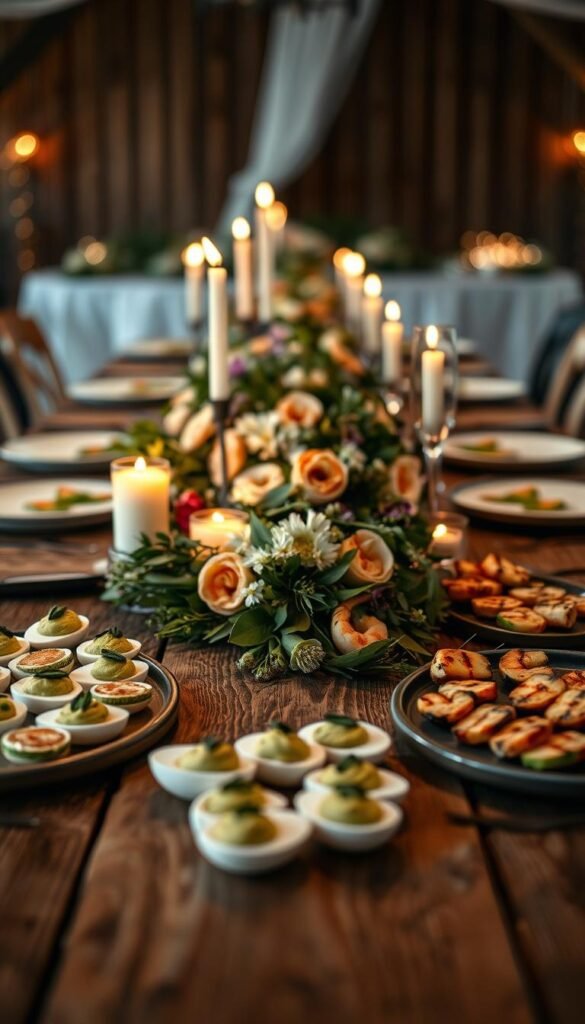 A sumptuous low-carb wedding menu laid out on a rustic wooden table, illuminated by the warm glow of candles. In the foreground, an artfully arranged selection of keto-friendly appetizers - deviled eggs, avocado bites, and grilled shrimp skewers. In the middle ground, a centerpiece of fresh greenery and flowers adorns the table, complementing the natural textures. In the background, a soft, dreamy atmosphere created by ambient lighting, hinting at the intimate, health-conscious celebration to come.