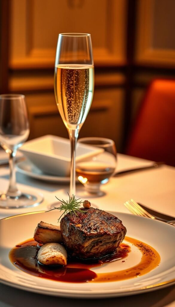 A sumptuous main course elegantly paired with a glass of sparkling champagne, set against a backdrop of a refined dining table. In the foreground, a beautifully plated dish, perhaps a roasted beef tenderloin or a seared sea bass, adorned with a delicate garnish and a drizzle of a rich, decadent sauce. The champagne flute, filled with golden bubbles, stands alongside, reflecting the warm, ambient lighting that casts a soft, inviting glow across the scene. The middle ground reveals a pristine white tablecloth, accented by polished silverware and delicate stemware, hinting at the care and attention to detail that has gone into crafting this moment. In the background, a subtle, elegant wallpaper or paneling provides a refined, sophisticated backdrop, elevating the overall presentation and creating a harmonious visual experience.
