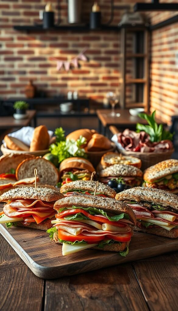 A sumptuous spread of artisanal, gourmet-style sandwiches, presented against a backdrop of a rustic wooden table. In the foreground, a selection of freshly baked breads, sliced meats, vibrant produce, and a variety of specialty cheeses and condiments. Carefully arranged in the middle ground, the sandwiches feature bold flavor combinations, with layers of textures and colors that pop against the warm, natural lighting. In the background, a minimalist, industrial-chic setting with exposed brick walls and sleek metal accents, creating an atmosphere of elevated comfort and sophistication. The overall scene evokes a sense of culinary craftsmanship and modern, elevated takes on classic sandwich recipes. A sumptuous spread of artisanal, gourmet-style sandwiches, presented against a backdrop of a rustic wooden table. In the foreground, a selection of freshly baked breads, sliced meats, vibrant produce, and a variety of specialty cheeses and condiments. Carefully arranged in the middle ground, the sandwiches feature bold flavor combinations, with layers of textures and colors that pop against the warm, natural lighting. In the background, a minimalist, industrial-chic setting with exposed brick walls and sleek metal accents, creating an atmosphere of elevated comfort and sophistication. The overall scene evokes a sense of culinary craftsmanship and modern, elevated takes on classic sandwich recipes.