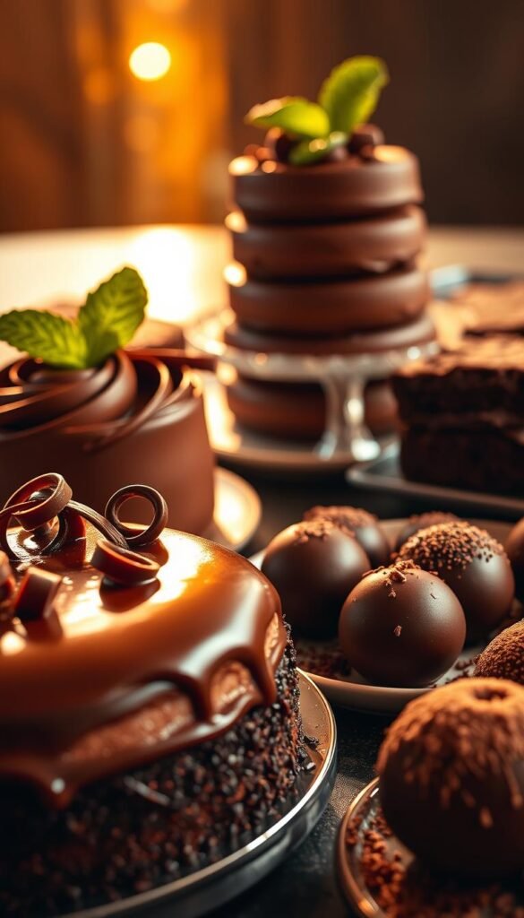 A sumptuous spread of decadent chocolate desserts, bathed in warm, golden lighting and captured from a low angle. In the foreground, a rich chocolate cake with a glistening ganache glaze, adorned with shaved chocolate curls. Beside it, a plate of silky chocolate truffles, their surfaces dusted with cocoa powder. In the middle ground, a towering chocolate mousse dessert, its layers crowned with a sprig of fresh mint. In the background, a tray of fudgy brownies, their crackly tops inviting a bite. The overall mood is one of indulgence and sophistication, creating a visually enticing invitation to savor the delights of chocolate.