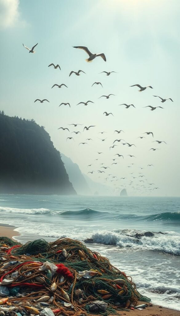 A sun-dappled coastline, waves lapping at the shore. In the foreground, a pile of discarded fishing nets and plastic debris, symbolizing the environmental toll of unsustainable seafood consumption. In the middle ground, a school of vibrant, colorful fish swimming in a polluted, oil-slicked ocean. Overhead, a flock of seabirds soar, their wings outstretched against a hazy, smog-filled sky. The scene conveys the stark contrast between the natural beauty of the marine ecosystem and the devastating human impact, a poignant reminder of the need for responsible, eco-conscious choices when selecting seafood for a wedding.