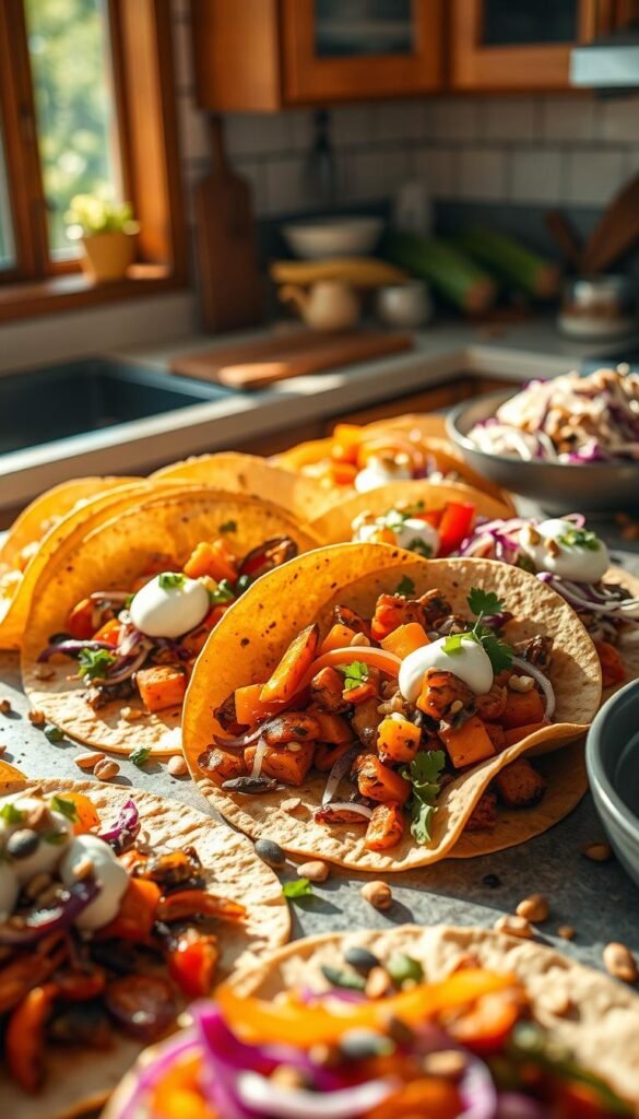 A sun-dappled kitchen counter overflows with a vibrant vegetarian taco spread. Freshly grilled corn tortillas cradle a hearty medley of roasted vegetables - tender sweet potatoes, caramelized onions, and zesty bell peppers. Crisp shredded cabbage, tangy lime crema, and a scattering of toasted pepitas add layers of texture and flavor. Warm, inviting lighting illuminates the scene, capturing the rustic, homemade appeal of this mouthwatering plant-based feast. Shot with a wide-angle lens to highlight the bountiful array of ingredients, this image embodies the delicious simplicity of epic vegetarian tacos.