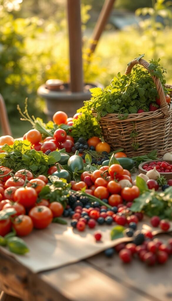 A sun-dappled outdoor setting, a rustic wooden table laden with an array of freshly harvested summer produce: ripe tomatoes, crisp greens, vibrant berries, and fragrant herbs. A farmhand's basket overflows with seasonal bounty, hinting at the homemade delights soon to grace the table. The scene is bathed in warm, golden light, capturing the bounty and tranquility of a summer farm-to-table gathering. A sense of wholesome, earthy abundance pervades the scene, inviting the viewer to envision the flavorful, seasonal dishes that will emerge from this carefully curated spread.