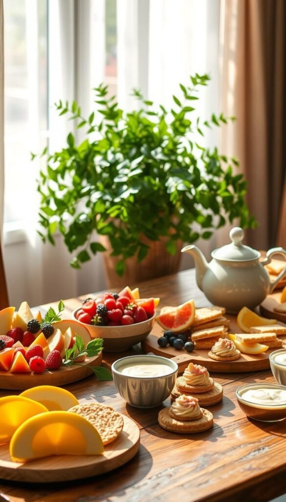 A sun-drenched, rustic wooden table set with an array of healthy tea party snacks. In the foreground, a selection of colorful fresh fruits, such as sliced apples, juicy berries, and citrus wedges, arranged artfully. In the middle ground, delicate cucumber sandwiches, whole-grain crackers, and bite-sized veggie bites with creamy dips. The background features a lush, verdant potted plant and a soft, natural light filtering in through sheer curtains, creating a warm, inviting atmosphere. The overall scene conveys a sense of balance, wholesomeness, and a guilt-free indulgence in the pleasures of an elegant afternoon tea gathering.